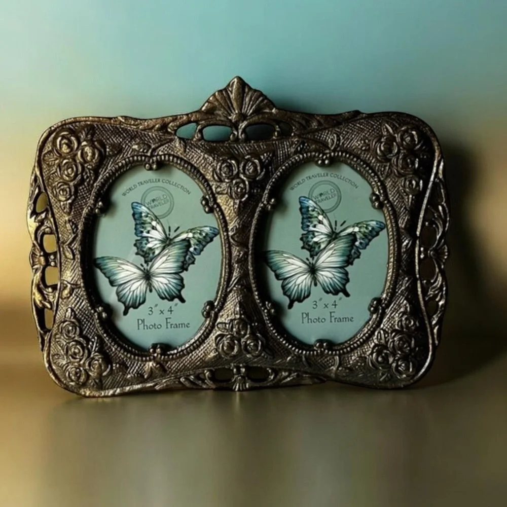 Gold ornate Double Photo Frame metal or brass for 3”x4” photo